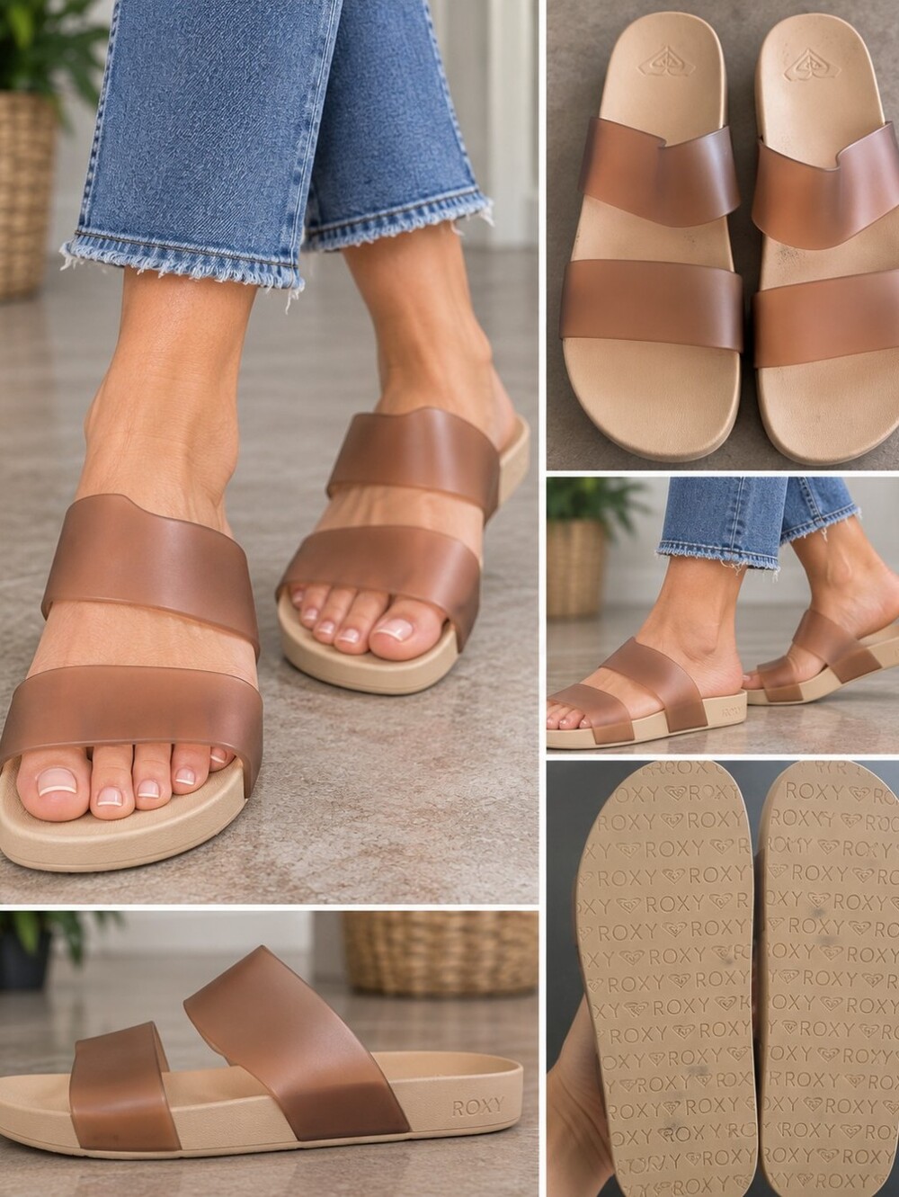 ROXY Women's Brown Two-Strap Slide Sandals Size 10 Casual Comfort